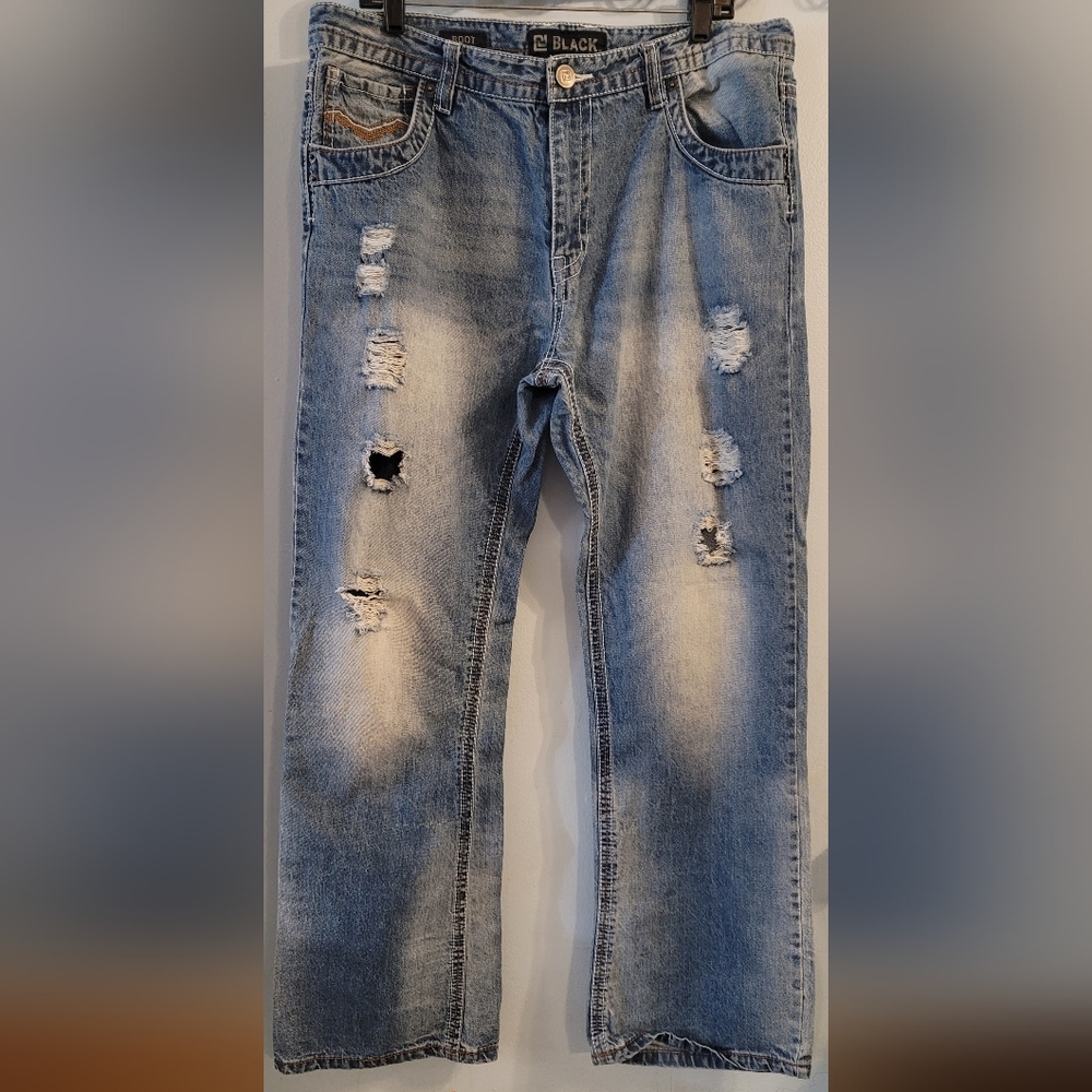 Black boot 36 32 5 pocket jeans distressed Denim decorative stitching
